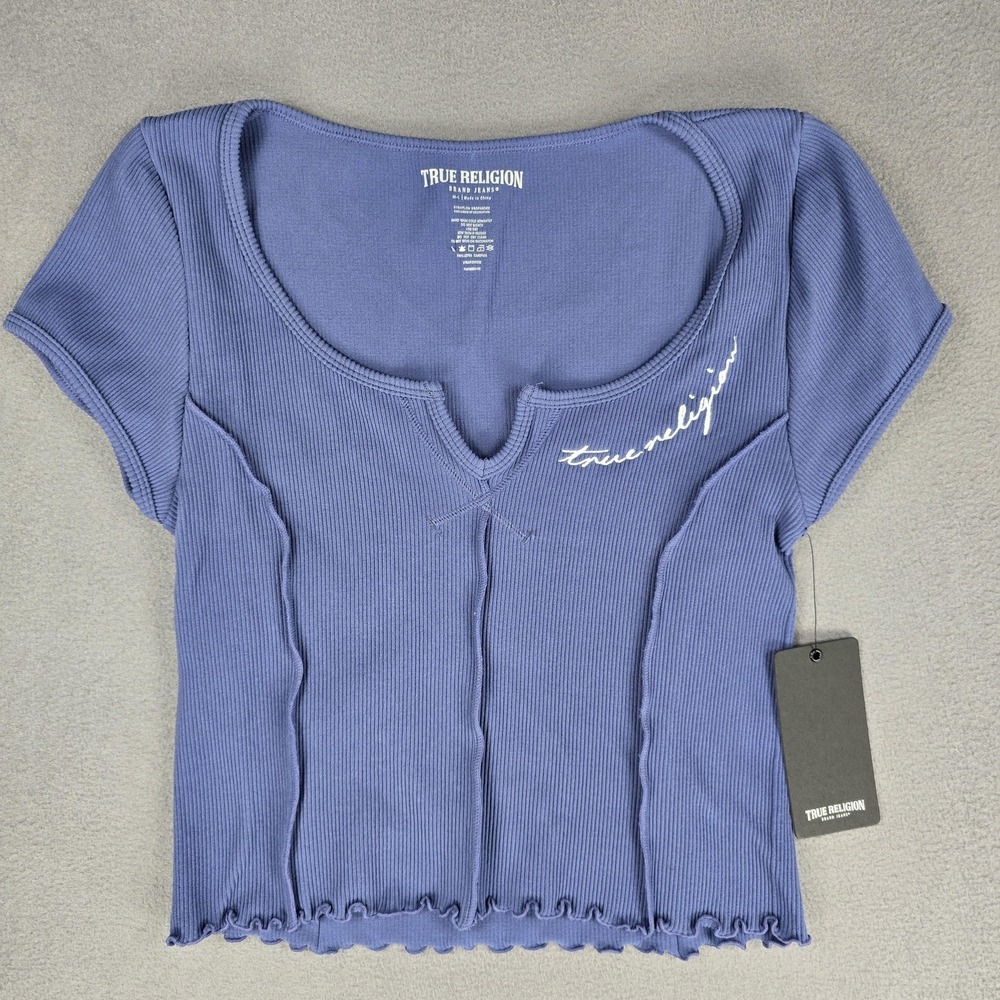 True Religion Shirt Womens M/L Blue V Notch Seamless Cropped Lettuce Hem Top